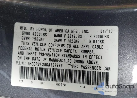 2016 Honda Accord Lx from USA, damaged, VIN 1HGCR2F38GA107996
